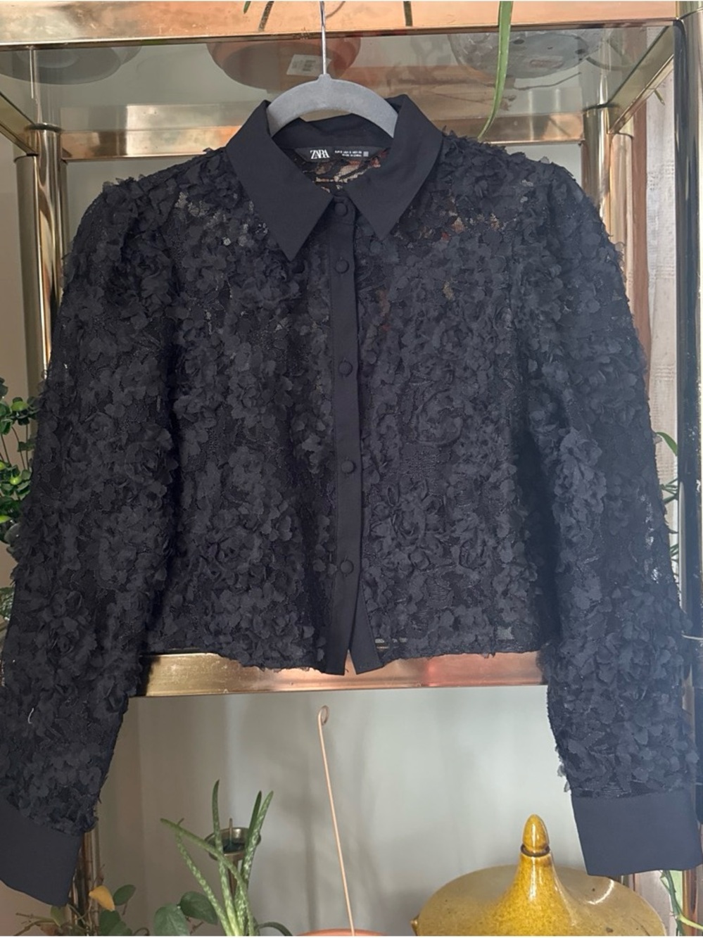 Zara Black Lace-Panel Button Shirt with Subtle Red Detail